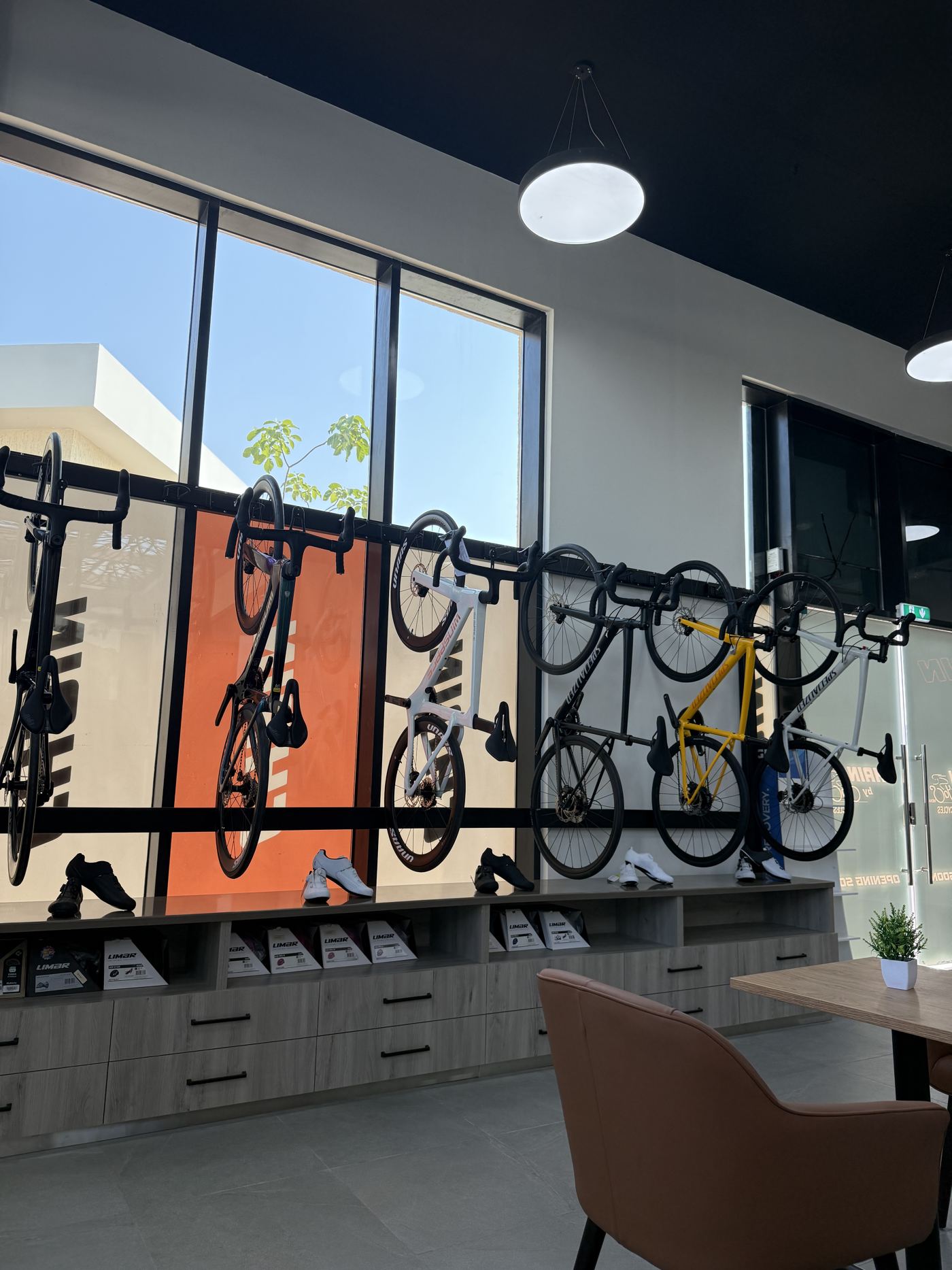 Road bikes on the wall at CHAIN